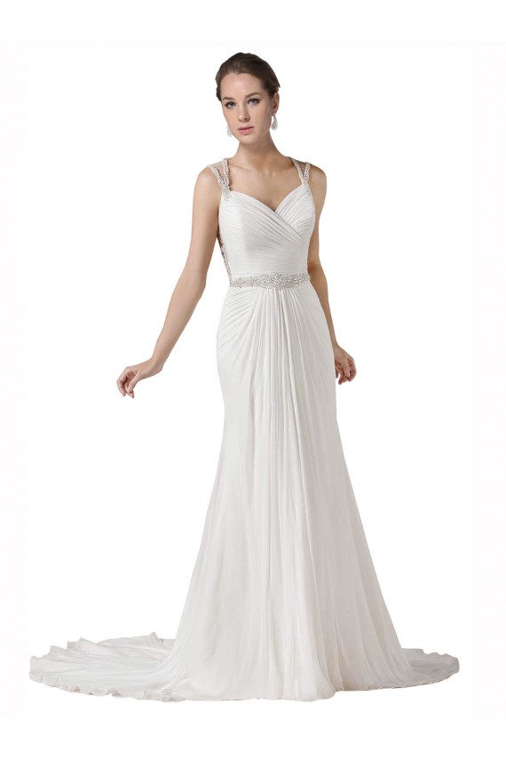 Site de Comboio Capela Sem Mangas Chiffon Branco Bainha Vestidos de Noiva na Praia
