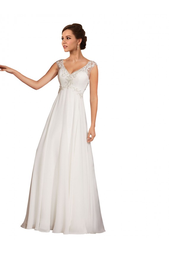 Site de Comboio Capela Mangas Curtas Chiffon & Renda Branco Bainha Vestidos de Noiva