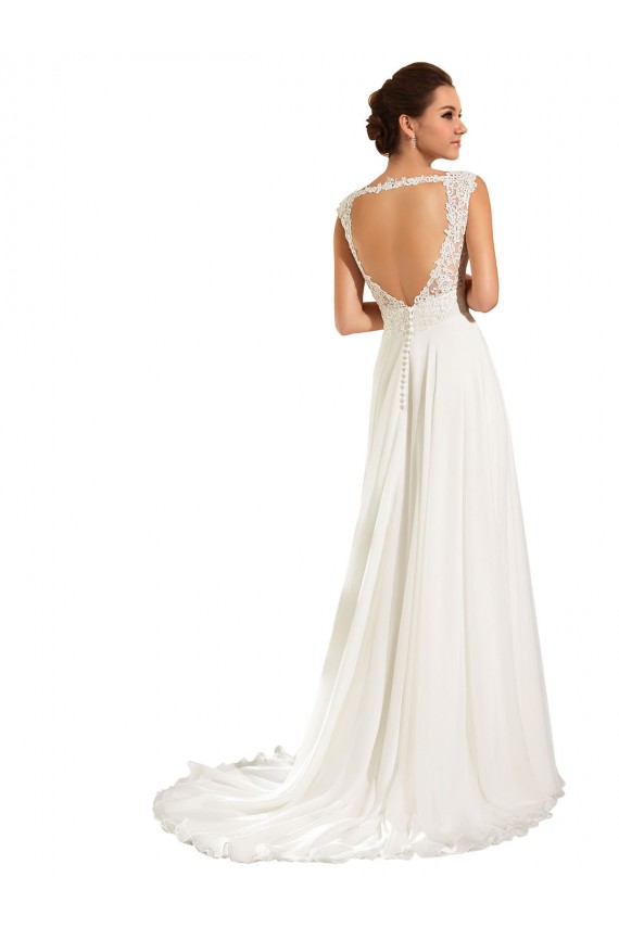 Site de Comboio Capela Mangas Compridas Chiffon & Renda Branco Bainha Mangas Compridas Vestidos de Noiva