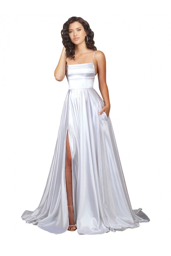 Site de Comprimento Chão Sem Mangas Cetim Elástico Branco Linha A Vestidos de Noiva
