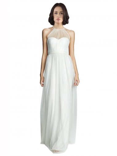Site de Comprimento Chão Sem Mangas Tule Branco Linha A Vestido de Madrinha