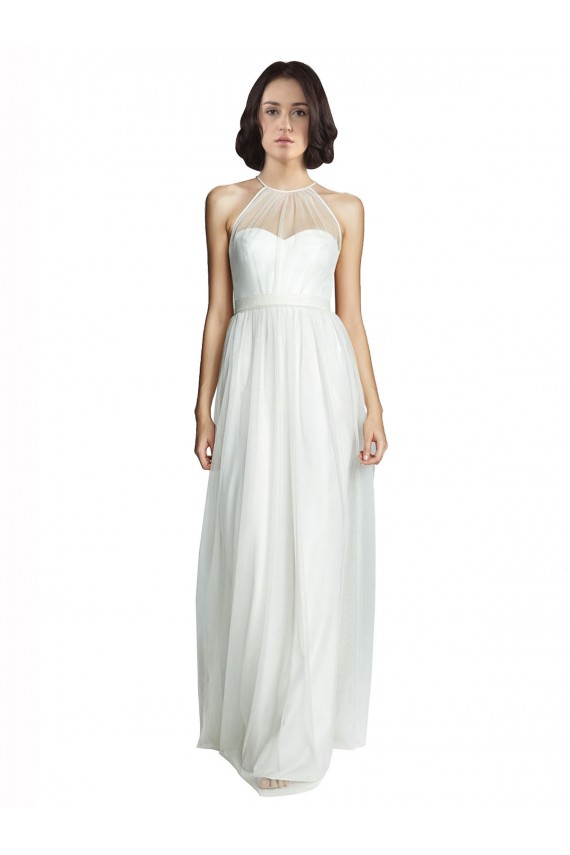 Site de Comprimento Chão Sem Mangas Tule Branco Linha A Vestido de Madrinha