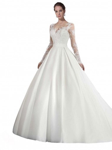Site de Comboio Catedral Mangas Compridas Cetim & Renda Branco Linha A Vestidos de Noiva