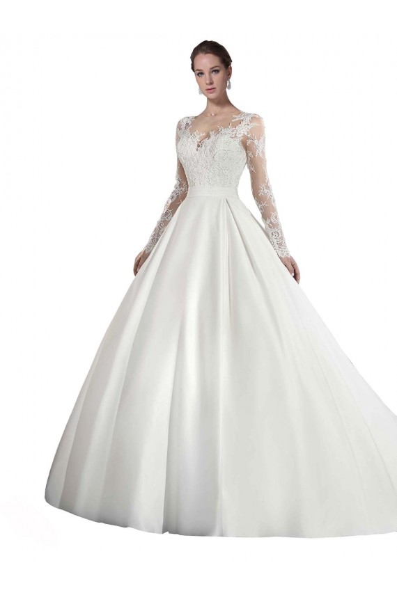 Site de Comboio Catedral Mangas Compridas Cetim & Renda Branco Linha A Vestidos de Noiva
