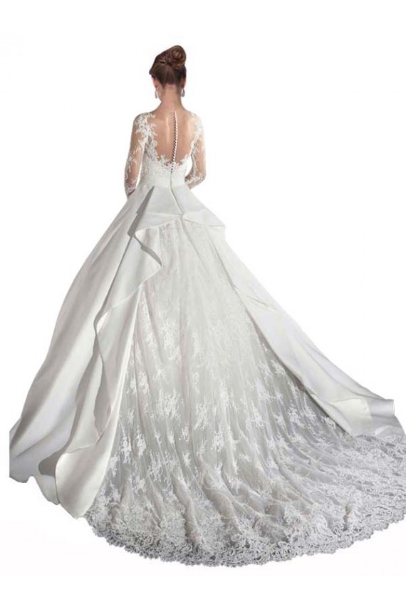 Site de Comboio Catedral Mangas Compridas Cetim & Renda Branco Linha A Vestidos de Noiva