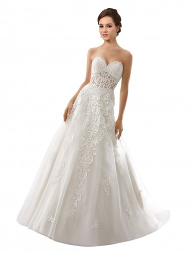 Site de Comboio Capela Sem Mangas Tule & Renda Branco Linha A Sem Mangas Vestidos de Noiva
