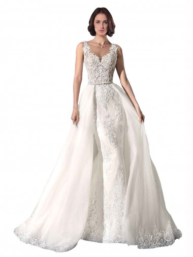 Site de Comboio Capela Sem Mangas Tule & Renda Branco Sereia Vestidos de Noiva