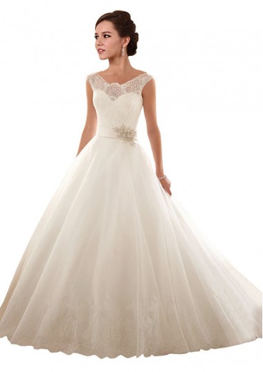 Site de Comboio Capela Sem Mangas Tule & Renda Branco Vestido de Baile Vestido de Noiva