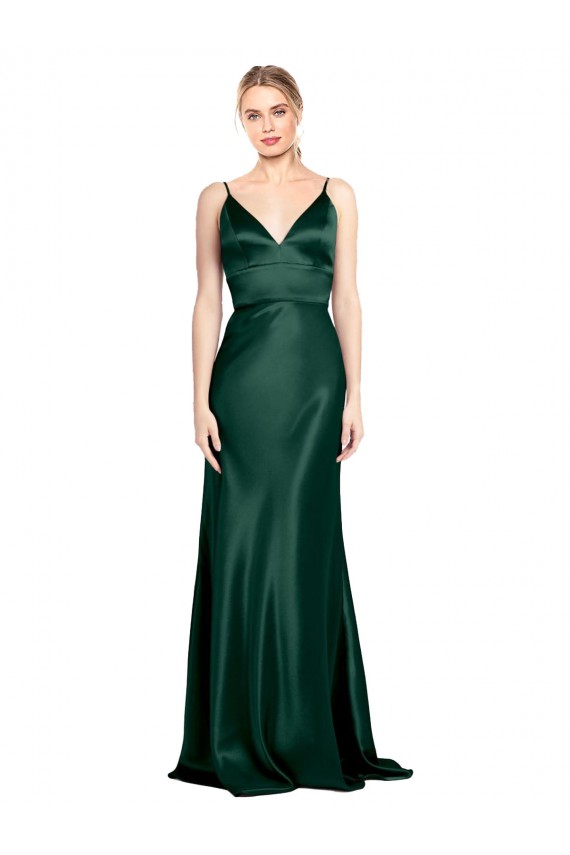 Site de Comprimento Chão Sem Mangas Cetim Elástico Caçador Verde Bainha Vestidos de Madrinha / Vestidos de Noite / Vestidos de Festa