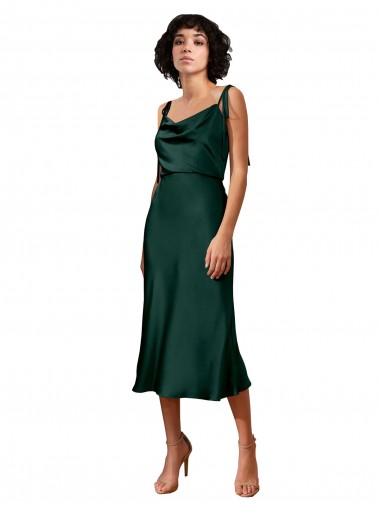 Site de Comprimento Midi Sem Mangas Cetim Elástico Caçador Verde Bainha Vestidos de Madrinha / Vestidos de Noite / Vestidos de Festa