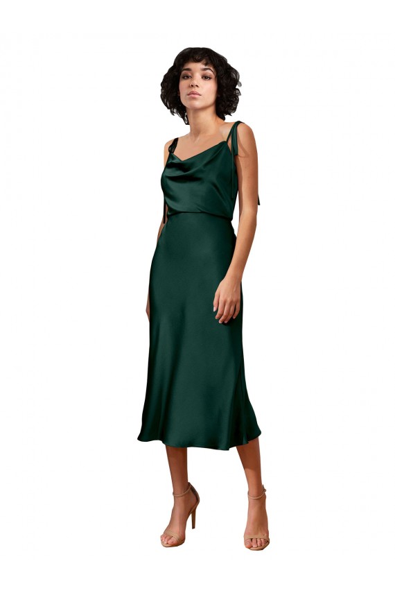 Site de Comprimento Midi Sem Mangas Cetim Elástico Caçador Verde Bainha Vestidos de Madrinha / Vestidos de Noite / Vestidos de Festa