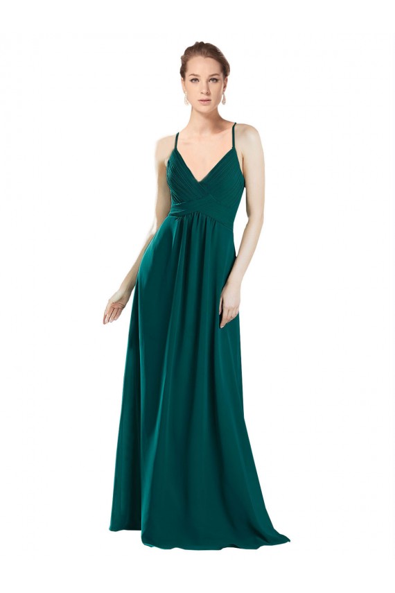 Site de Comprimento Chão Sem Mangas Chiffon Caçador Verde Linha A Sem Mangas Decote V Vestidos de Madrinha