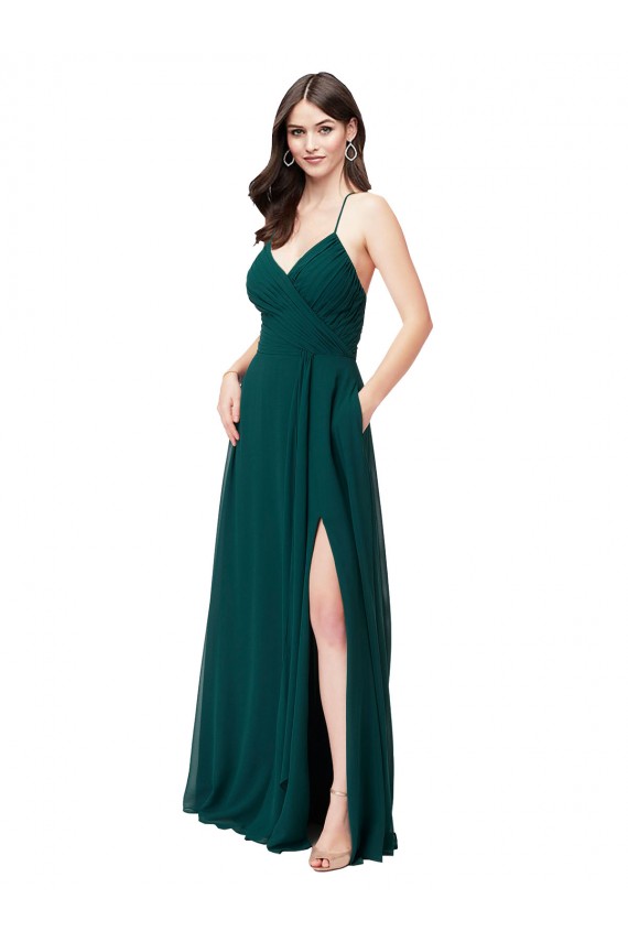 Site de Comprimento Chão Sem Mangas Chiffon Caçador Verde Linha A Sem Mangas Decote V Longo Criss Cruz Vestidos de Madrinha