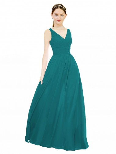 Site de Comprimento Chão Sem Mangas Chiffon Caçador Verde Linha A Sem Mangas Longo Decote V Vestidos de Madrinha