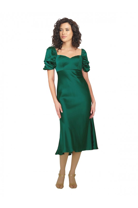 Site de Comprimento Midi Mangas Curtas Cetim Sedoso Caçador Verde Linha A Vestidos de Madrinha / Vestidos de Noite / Vestidos de Festa