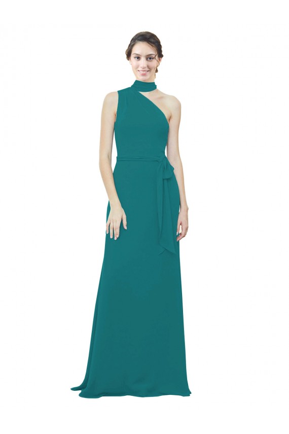 Site de Comprimento Chão Sem Mangas Chiffon Caçador Verde Linha A Sem Mangas Um Ombro Vestidos de Madrinha