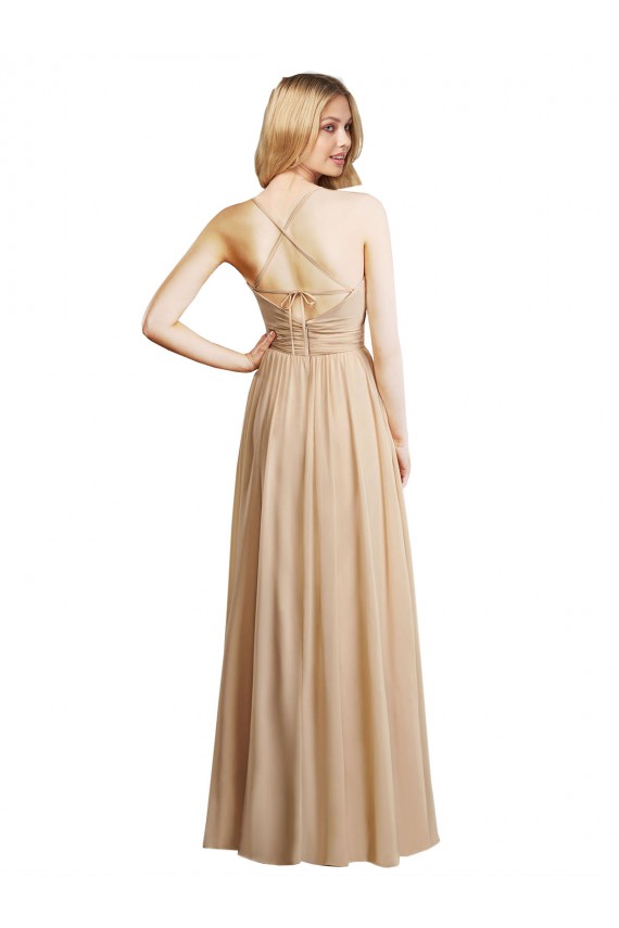 Site de Comprimento Chão Sem Mangas Chiffon Champanhe Linha A Sem Mangas Alças finas Vestidos de Madrinha
