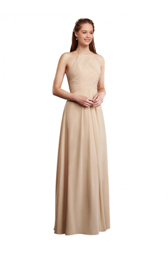 Site de Comprimento Chão Sem Mangas Chiffon Champanhe Linha A Sem Mangas Cabeçada Vestidos de Madrinha