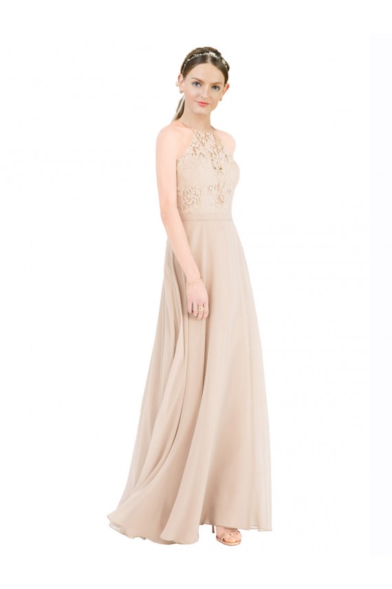 Site de Comprimento Chão Sem Mangas Chiffon & Renda Champanhe Linha A Sem Mangas Vestidos de Madrinha / Vestidos de Festa