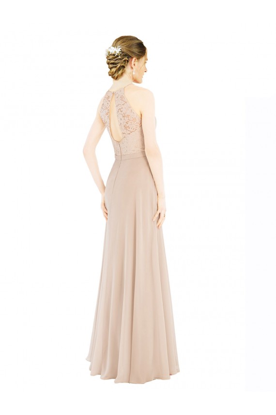 Site de Comprimento Chão Sem Mangas Chiffon & Renda Champanhe Linha A Sem Mangas Vestidos de Madrinha / Vestidos de Festa