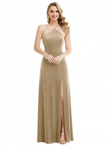 Site de Comprimento Chão Sem Mangas Veludo Elástico Champanhe Linha A Vestidos de Madrinha / Vestidos de Festa