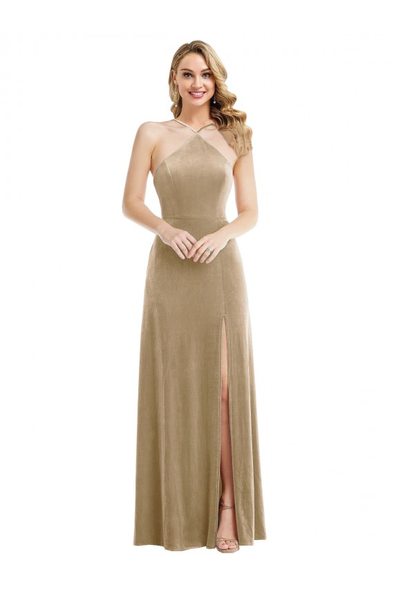 Site de Comprimento Chão Sem Mangas Veludo Elástico Champanhe Linha A Vestidos de Madrinha / Vestidos de Festa