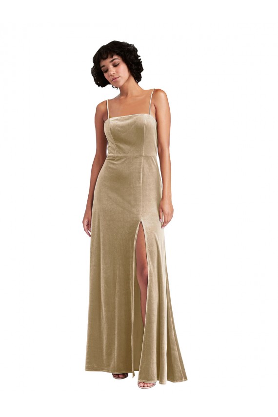 Site de Comprimento Chão Sem Mangas Veludo Elástico Champanhe Linha A Vestidos de Madrinha / Vestidos de Noite / Vestidos de Festa