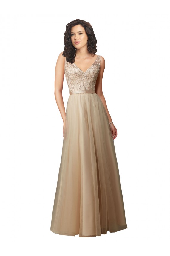 Site de Comprimento Chão Sem Mangas Tule & Renda Champanhe Linha A Vestidos de Madrinha