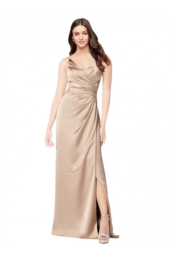 Site de Comprimento Chão Sem Mangas Cetim Sedoso Champanhe Rosa Linha A Vestidos de Madrinha / Vestidos de Noite / Vestidos de Festa