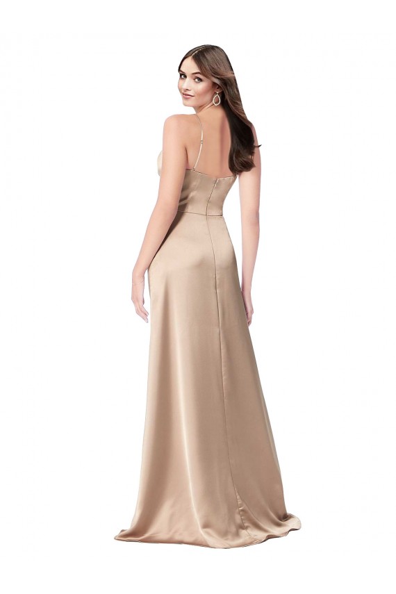 Site de Comprimento Chão Sem Mangas Cetim Sedoso Champanhe Rosa Linha A Vestidos de Madrinha / Vestidos de Noite / Vestidos de Festa