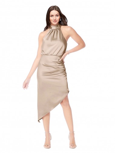 Site de Alto Baixo Sem Mangas Cetim Sedoso Champanhe Rosa Linha A Vestidos de Madrinha / Vestidos de Festa / Vestidos de Cocktail / Vestidos de Homecoming
