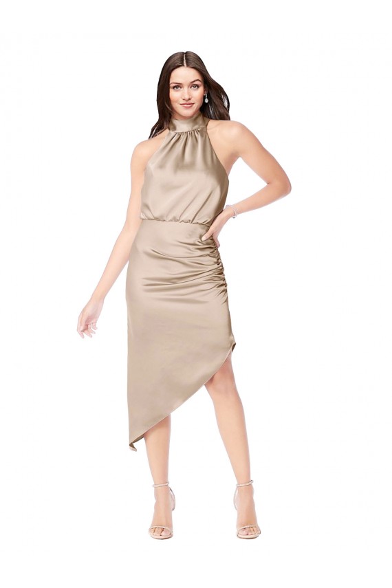 Site de Alto Baixo Sem Mangas Cetim Sedoso Champanhe Rosa Linha A Vestidos de Madrinha / Vestidos de Festa / Vestidos de Cocktail / Vestidos de Homecoming