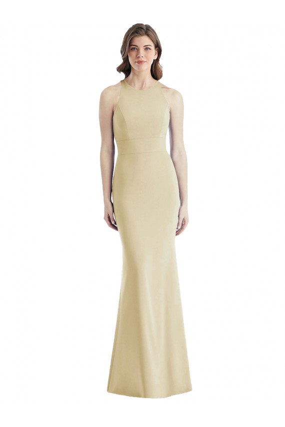 Site de Comprimento Chão Sem Mangas Crepe Esticado Champanhe Trombeta Vestidos de Madrinha / Vestidos de Festa