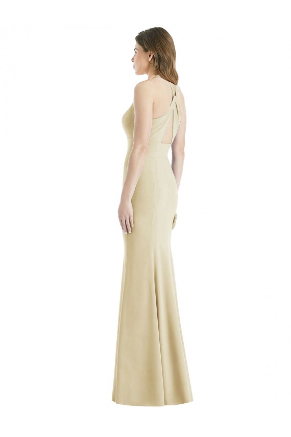 Site de Comprimento Chão Sem Mangas Crepe Esticado Champanhe Trombeta Vestidos de Madrinha / Vestidos de Festa
