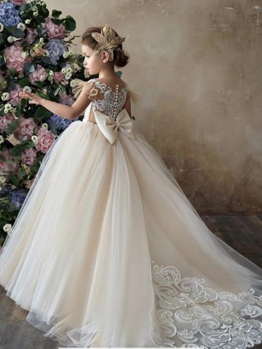 Site de Comboio Capela Sem Mangas Tule & Renda Champanhe Vestido de Baile Vestidos para Meninas de Flores