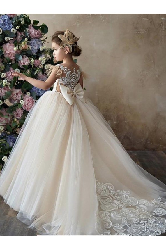 Site de Comboio Capela Sem Mangas Tule & Renda Champanhe Vestido de Baile Vestidos para Meninas de Flores