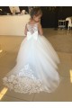 Site de Comboio Capela Sem Mangas Tule & Renda Champanhe Vestido de Baile Vestidos para Meninas de Flores