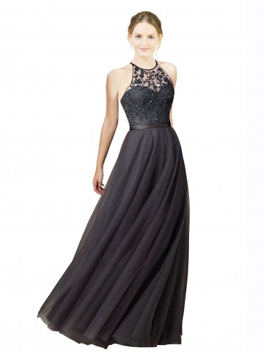 Site de Comprimento Chão Sem Mangas Tule & Renda Cinza Ardósia Linha A Vestidos de Madrinha