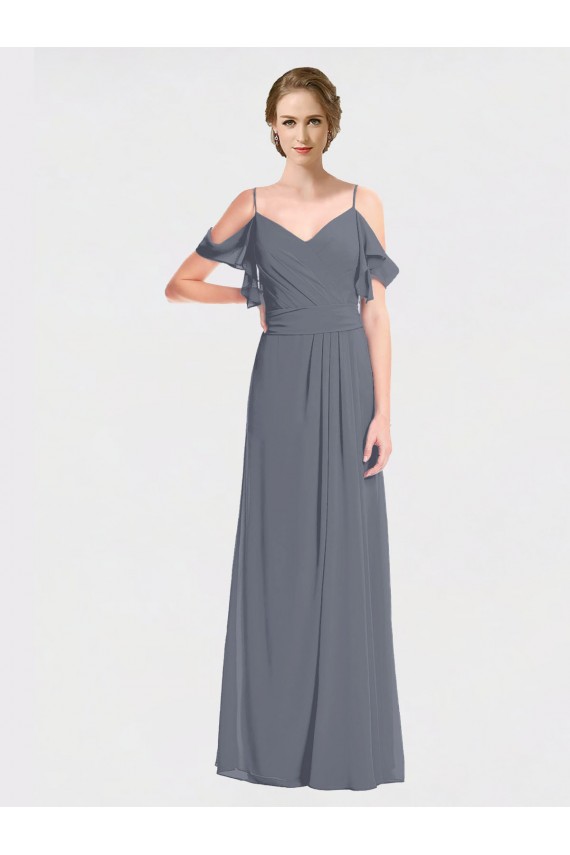 Site de Comprimento Chão Mangas Esvoaçantes Chiffon Cinza Ardósia Linha A Vestidos de Madrinha