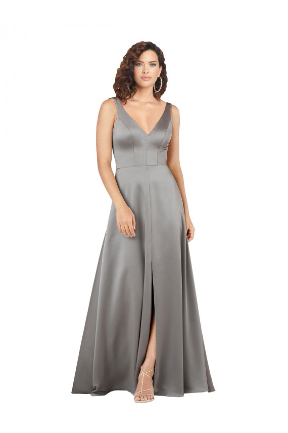 Site de Comprimento Chão Sem Mangas Cetim Sedoso Cinza Pérola Linha A Vestidos de Madrinha / Vestidos de Noite / Vestidos de Festa