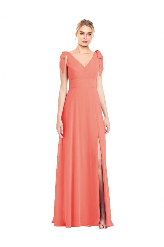 Site de Comprimento Chão Sem Mangas Chiffon Coral Trombeta Vestidos de Madrinha