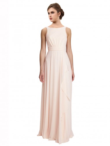 Site de Comprimento Chão Sem Mangas Chiffon Creme Rosa Linha A Sem Mangas Decote Alto Longo Costas em V Vestidos de Madrinha