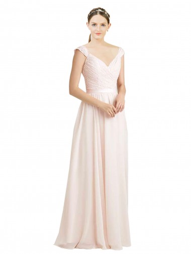 Site de Comprimento Chão Sem Mangas Chiffon & Renda Creme Rosa Linha A Vestidos de Madrinha