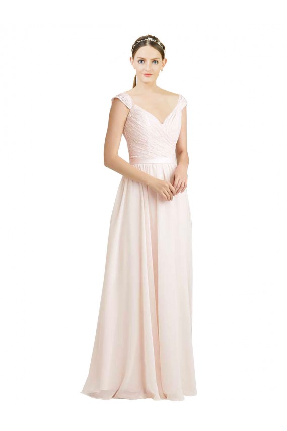 Site de Comprimento Chão Sem Mangas Chiffon & Renda Creme Rosa Linha A Vestidos de Madrinha
