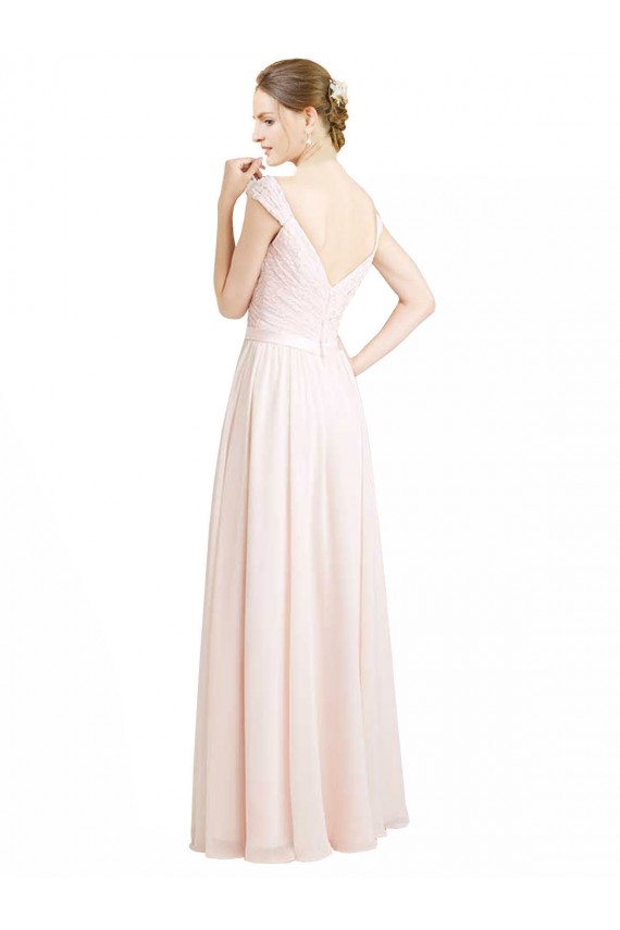Site de Comprimento Chão Sem Mangas Chiffon & Renda Creme Rosa Linha A Vestidos de Madrinha