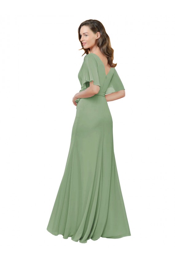 Site de Comprimento Chão Mangas Esvoaçantes, Mangas Curtas Chiffon Ervas Marinhas Linha A Vestidos de Madrinha