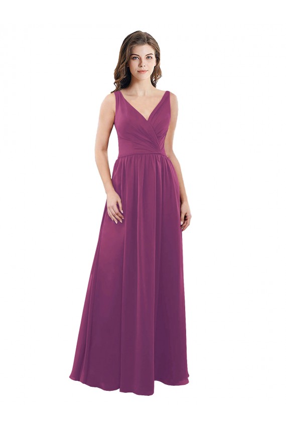 Site de Comprimento Chão Sem Mangas Chiffon Frutos Silvestres Linha A Sem Mangas Decote V Vestidos de Madrinha