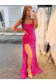 Site de Comboio Varredela Sem Mangas Lantejoulas Veludo Fúcsia Bainha Sem Mangas Alças finas Vestidos de Festa
