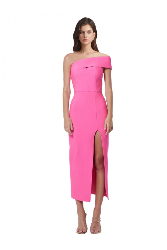 Site de Comprimento Midi Sem Mangas Crepe Esticado Fúcsia Bainha Vestidos de Madrinha / Vestidos de Noite / Vestidos de Festa