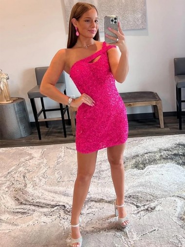 Site de Curto Sem Mangas Lantejoulas Veludo Fúcsia Bainha Sem Mangas Um Ombro Vestidos de Festa